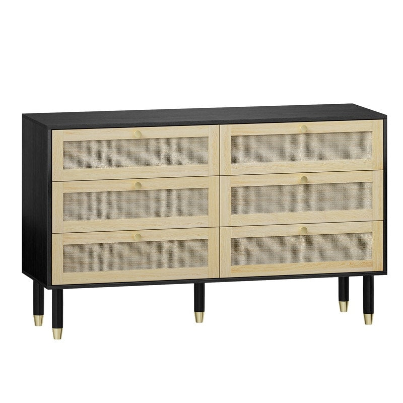 Black Rattan Dresser 6 Drawers Wicker Drawer Chest