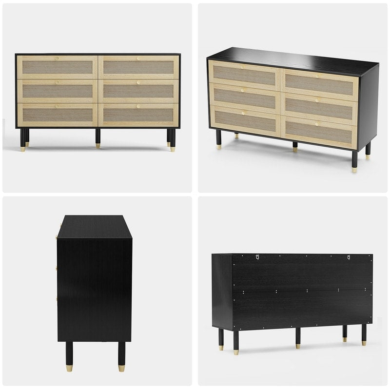 Black Rattan Dresser 6 Drawers Wicker Drawer Chest
