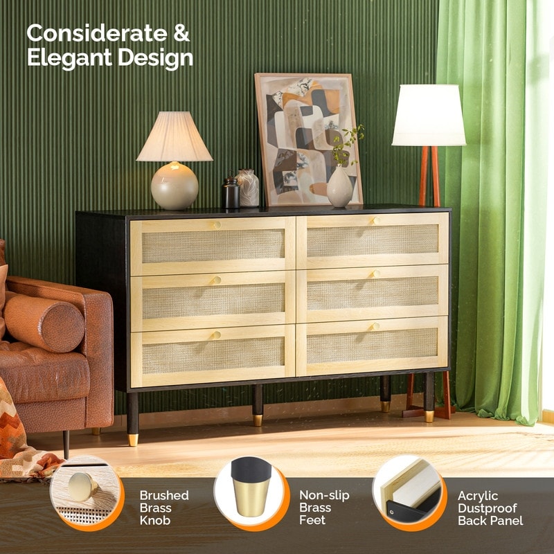 Black Rattan Dresser 6 Drawers Wicker Drawer Chest