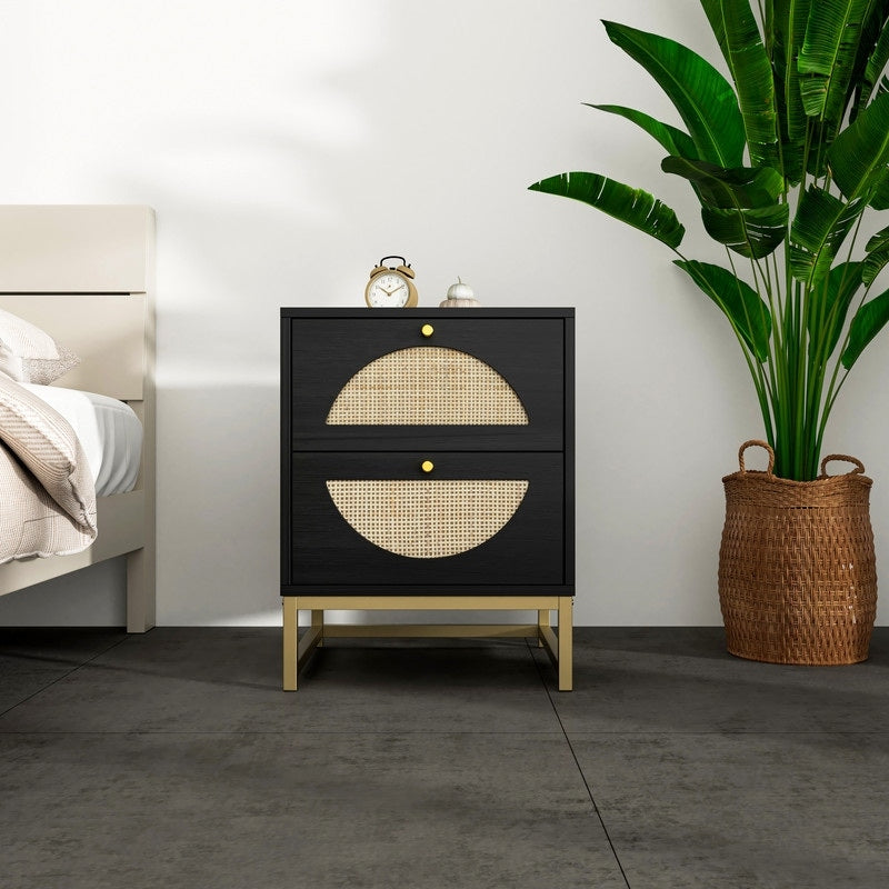 Black Rattan Wood Nightstand with 2 Storage Drawers and Metal Legs