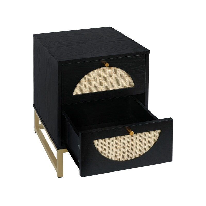 Black Rattan Wood Nightstand with 2 Storage Drawers and Metal Legs