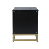 Black Rattan Wood Nightstand with 2 Storage Drawers and Metal Legs