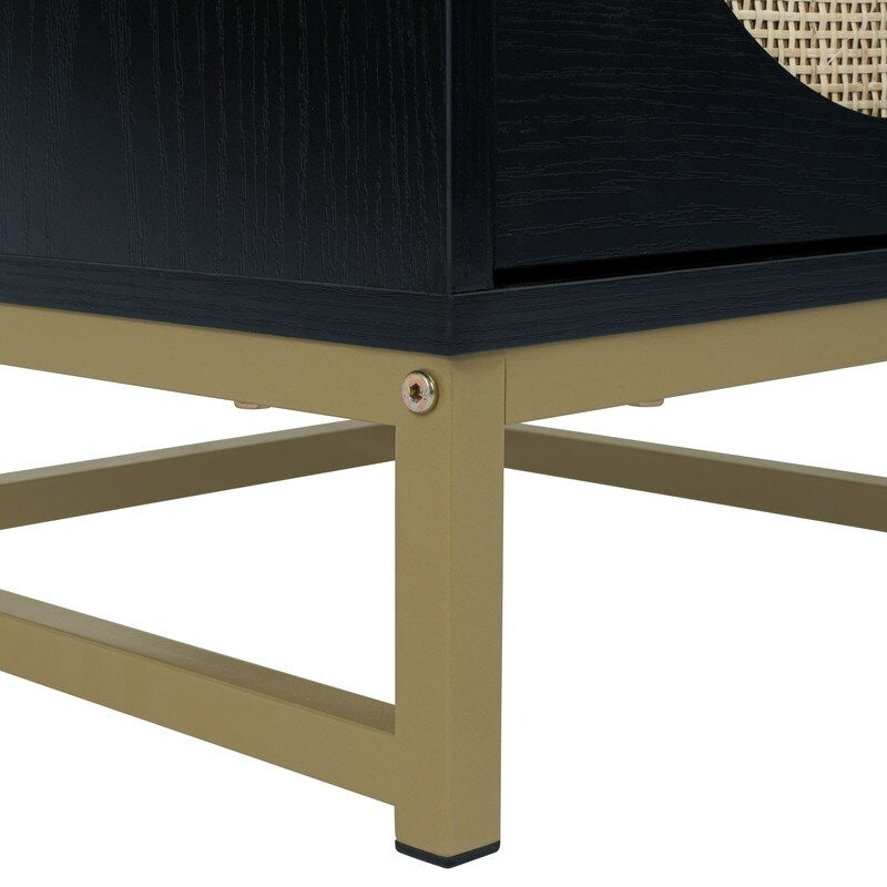 Black Rattan Wood Nightstand with 2 Storage Drawers and Metal Legs