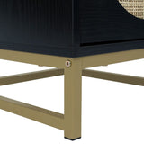 Black Rattan Wood Nightstand with 2 Storage Drawers and Metal Legs