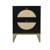 Black Rattan Wood Nightstand with 2 Storage Drawers and Metal Legs