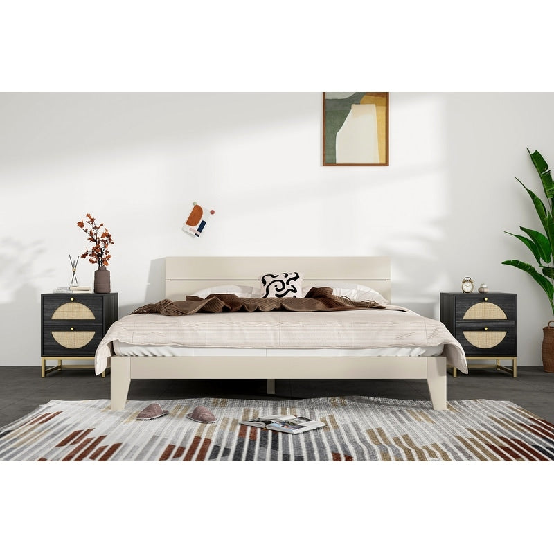 Black Rattan Wood Nightstand with 2 Storage Drawers and Metal Legs