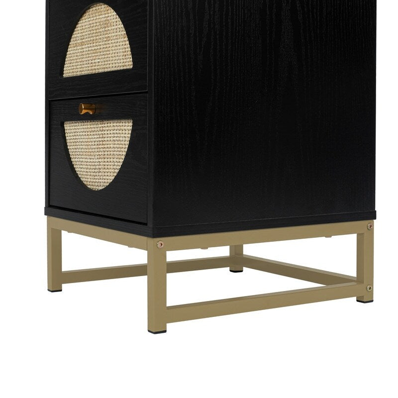Black Rattan Wood Nightstand with 2 Storage Drawers and Metal Legs
