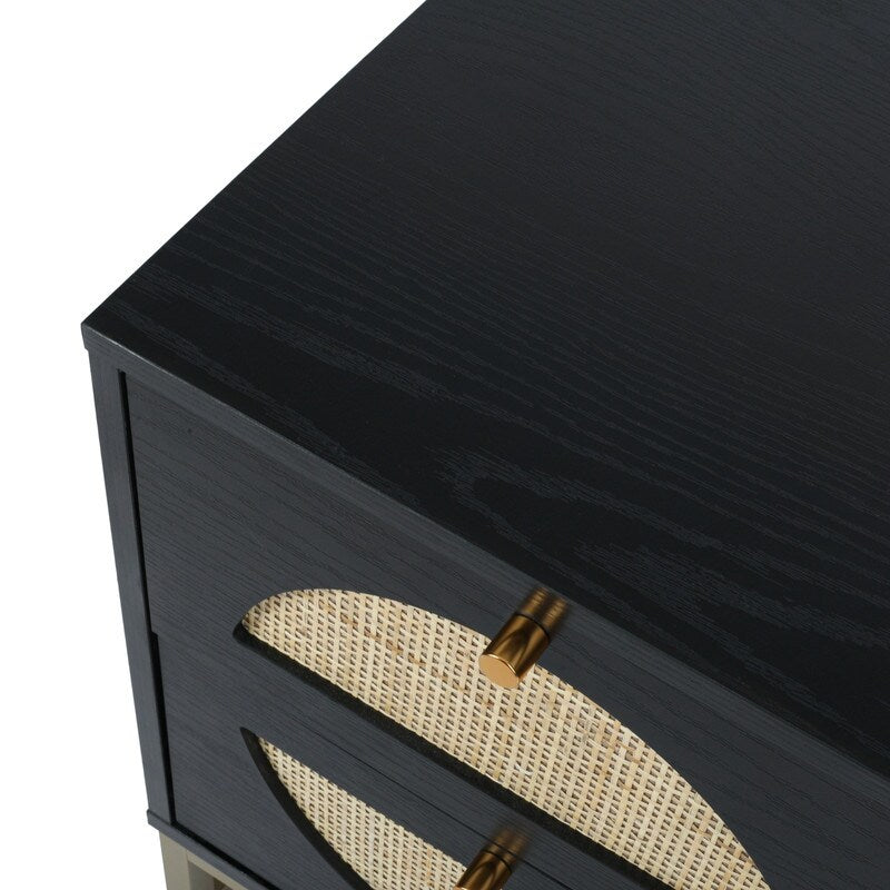 Black Rattan Wood Nightstand with 2 Storage Drawers and Metal Legs