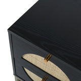 Black Rattan Wood Nightstand with 2 Storage Drawers and Metal Legs
