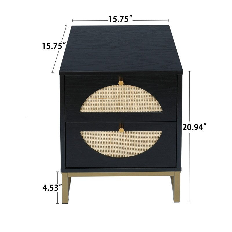 Black Rattan Wood Nightstand with 2 Storage Drawers and Metal Legs