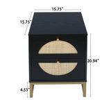 Black Rattan Wood Nightstand with 2 Storage Drawers and Metal Legs