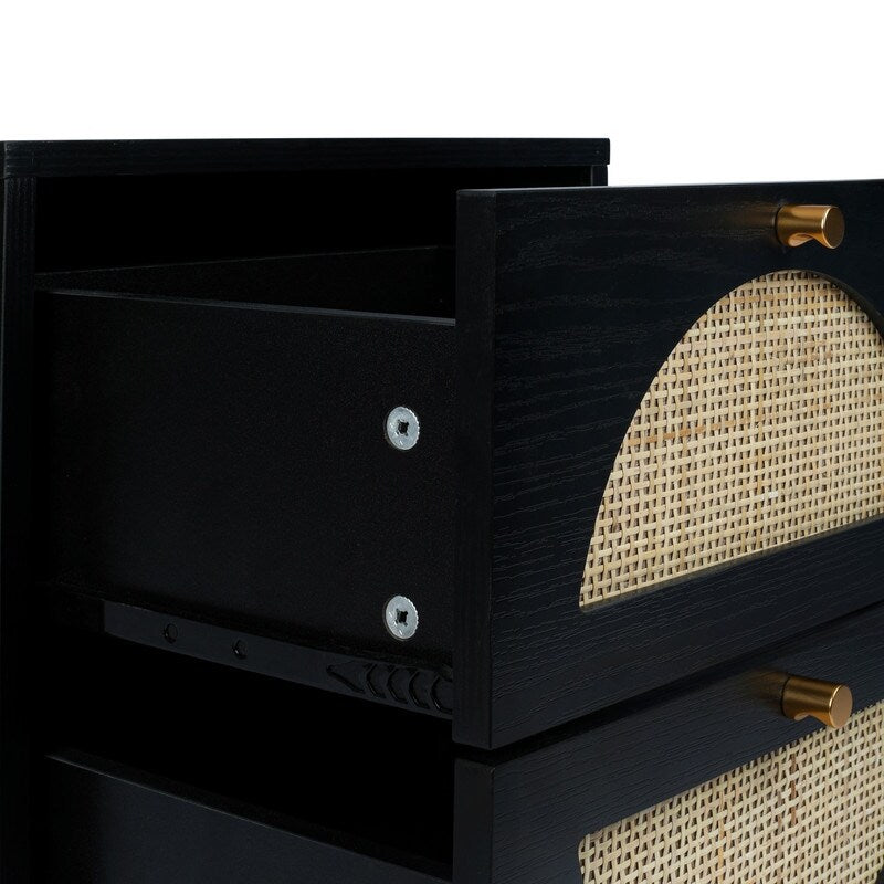 Black Rattan Wood Nightstand with 2 Storage Drawers and Metal Legs