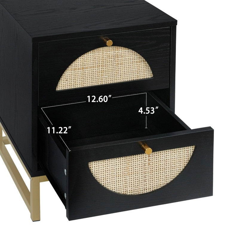 Black Rattan Wood Nightstand with 2 Storage Drawers and Metal Legs