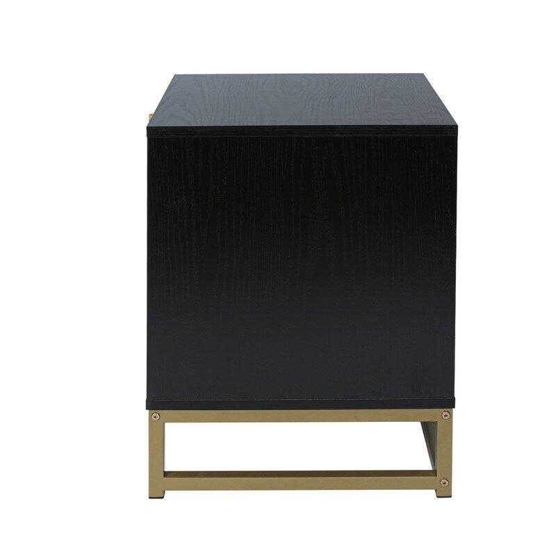 Black Rattan Wood Nightstand with 2 Storage Drawers and Metal Legs