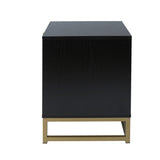 Black Rattan Wood Nightstand with 2 Storage Drawers and Metal Legs