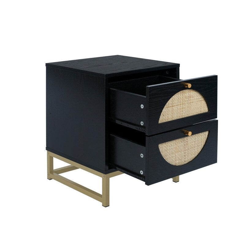 Black Rattan Wood Nightstand with 2 Storage Drawers and Metal Legs