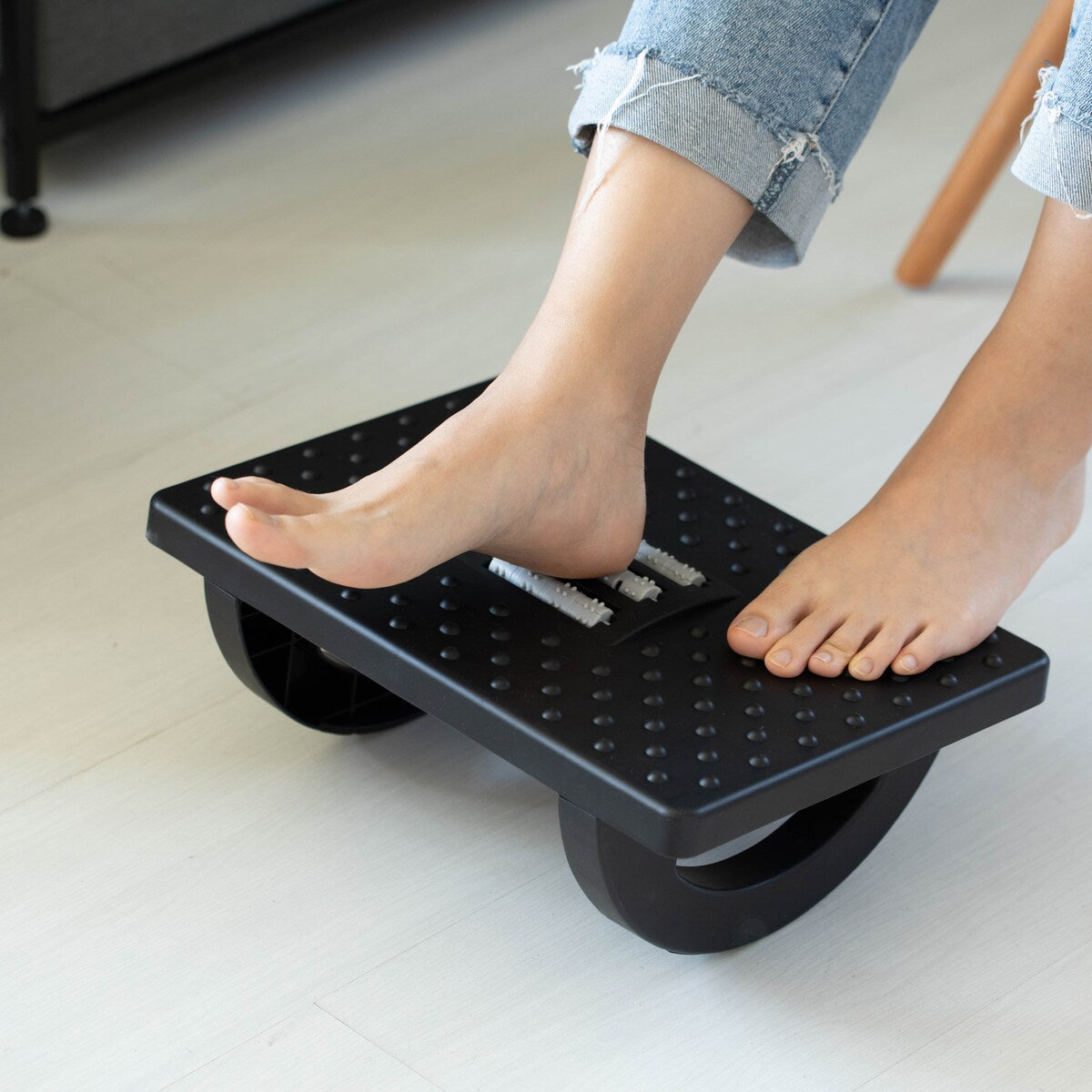 Black Rocking Footrest Massage Under Desk with Soothing Massage Points and Rollers, Swinging Foot Stool Support