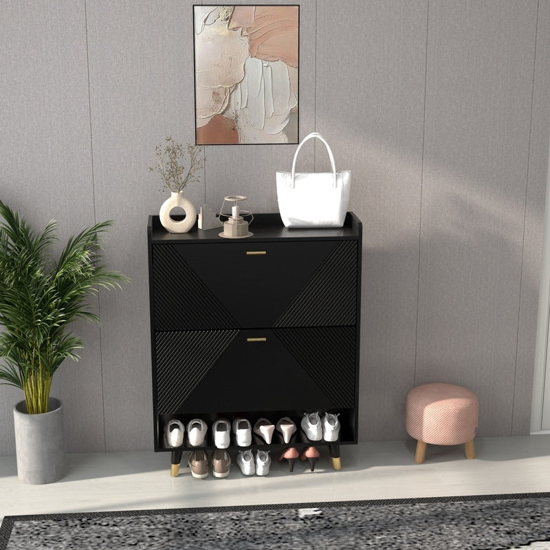 Black Shoe Storage Cabinet with 2flip Drawers, Entrance Shoe Rack Cabinet