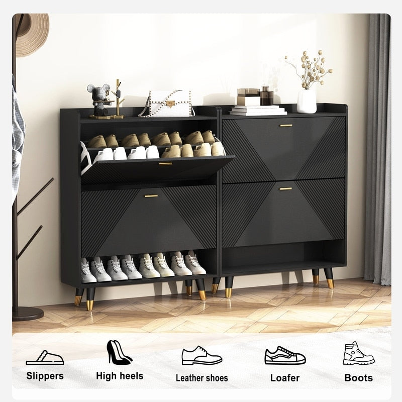 Black Shoe Storage Cabinet with 2flip Drawers, Entrance Shoe Rack Cabinet