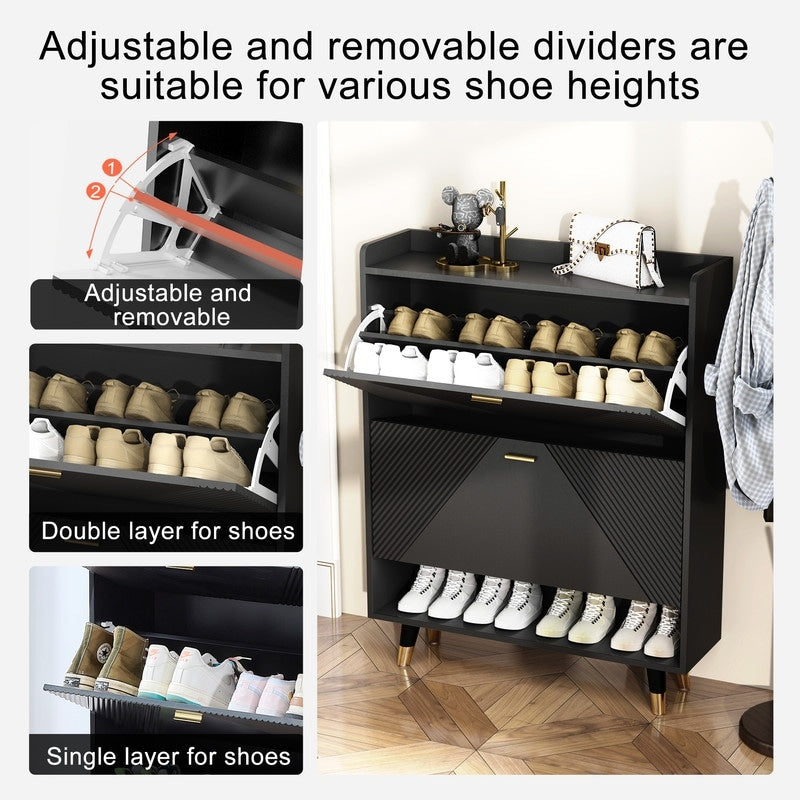 Black Shoe Storage Cabinet with 2flip Drawers, Entrance Shoe Rack Cabinet
