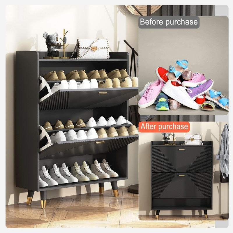 Black Shoe Storage Cabinet with 2flip Drawers, Entrance Shoe Rack Cabinet