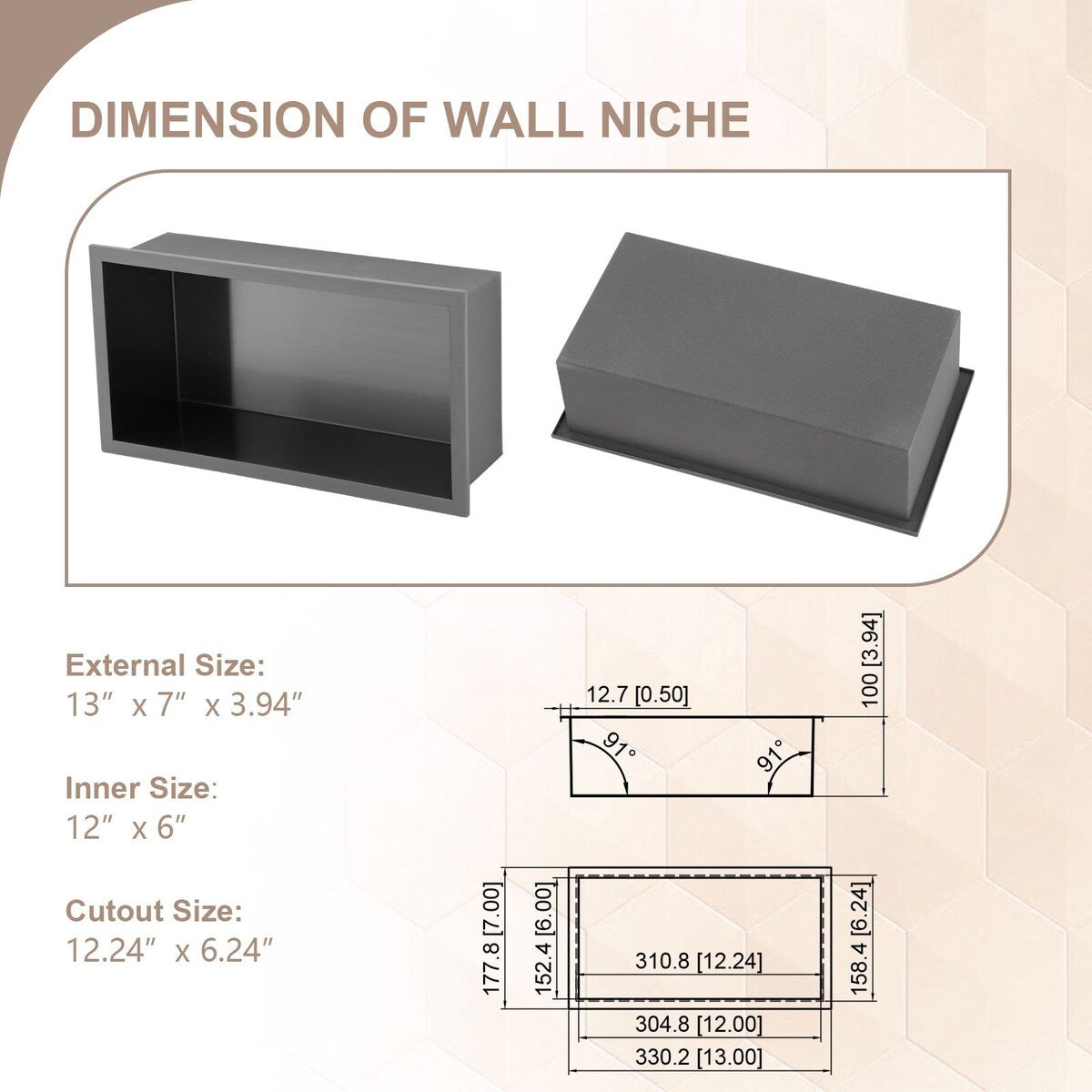 Black Stainless Steel 12'' x 6'' Bath Shower Niche Bathroom Storage
