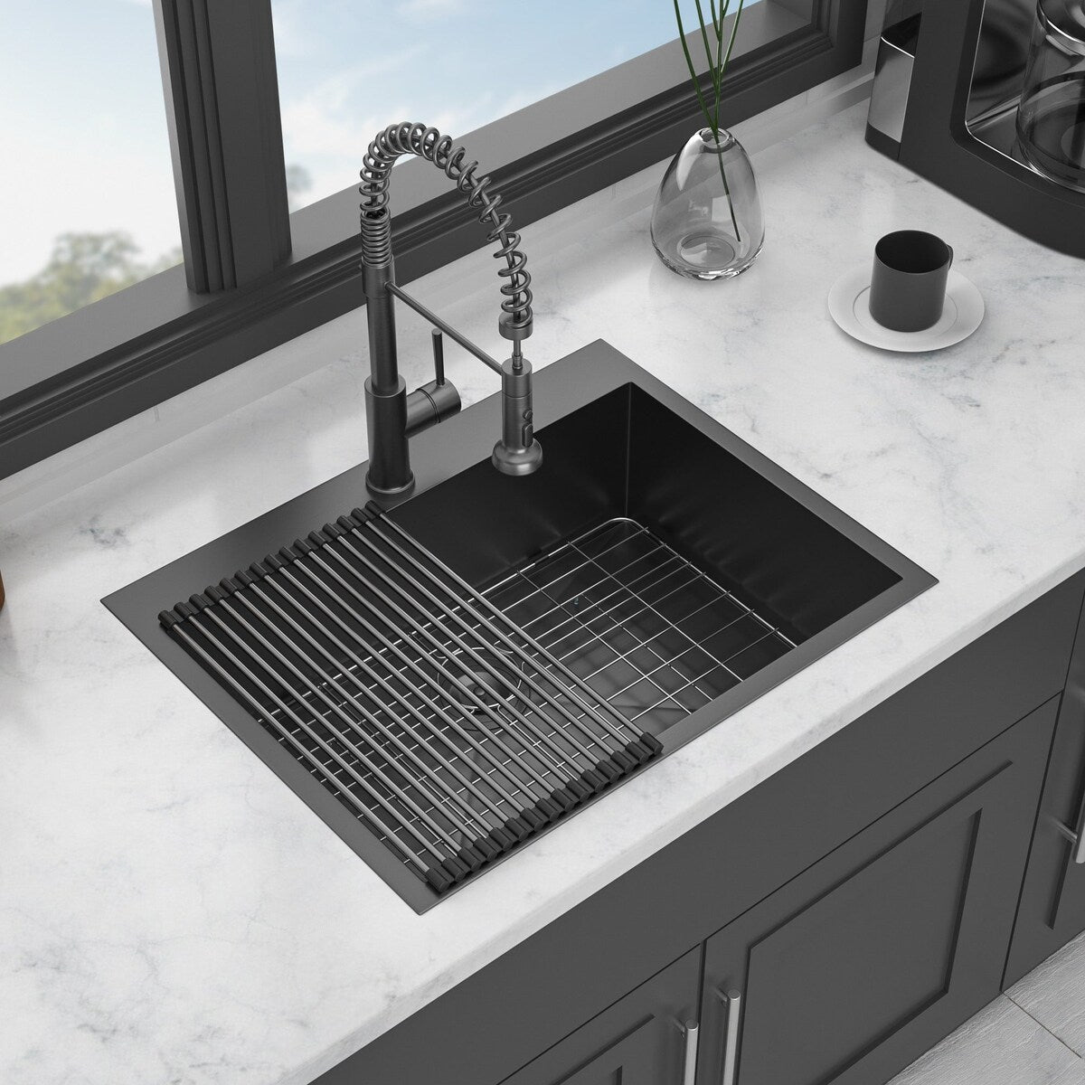 Black Stainless Steel Single Bowl Drop-in Kitchen Sink with Rinse Grid