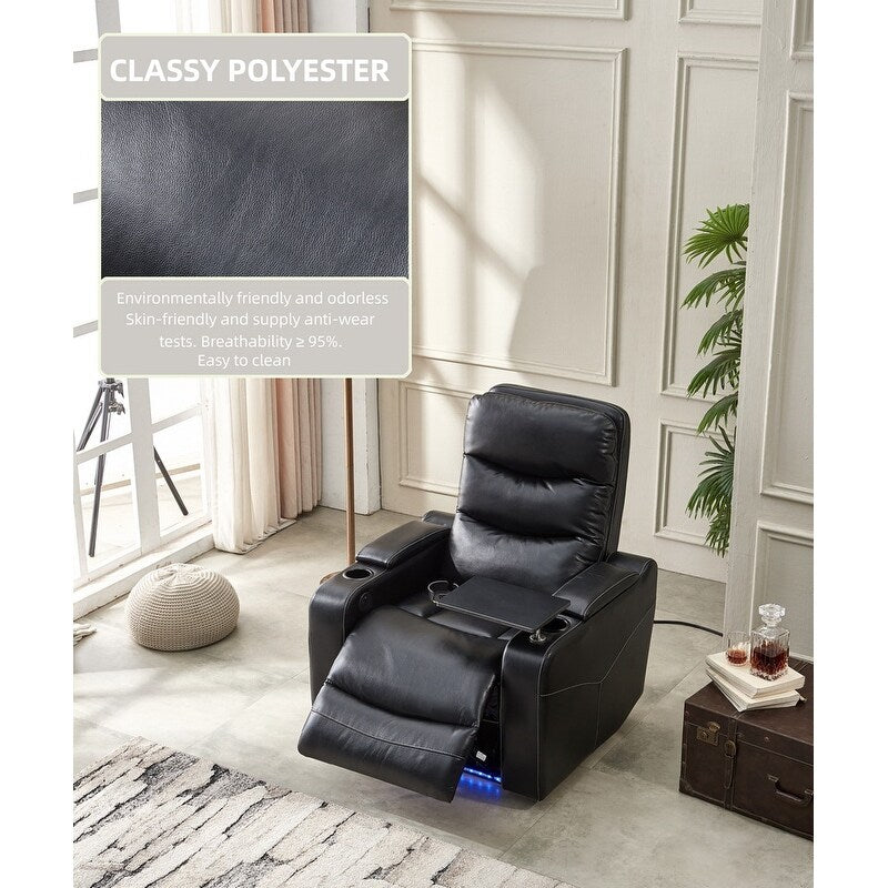 Black Technical Leather Power Reclining Chair, LED Strips, USB Ports