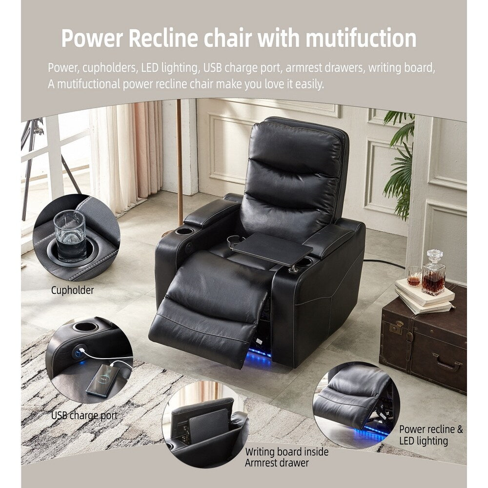 Black Technical Leather Power Reclining Chair, LED Strips, USB Ports