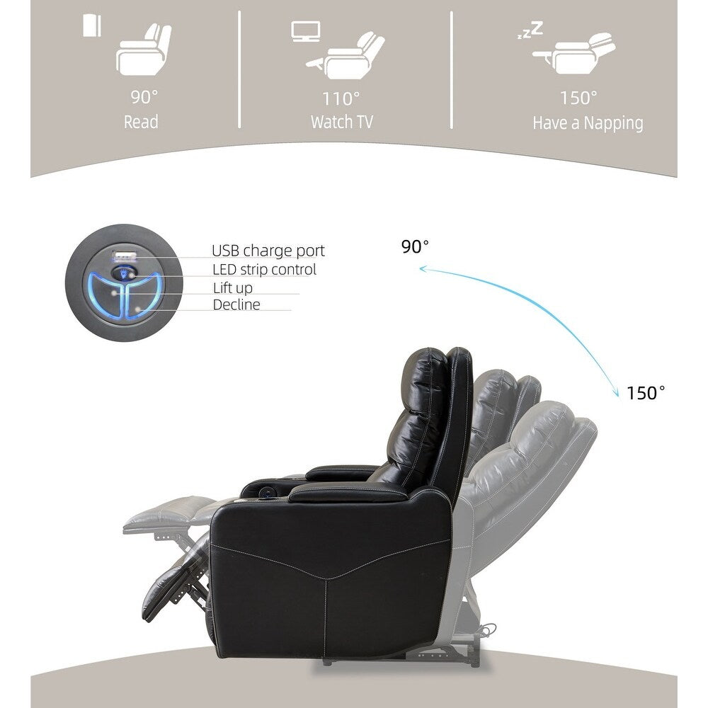 Black Technical Leather Power Reclining Chair, LED Strips, USB Ports