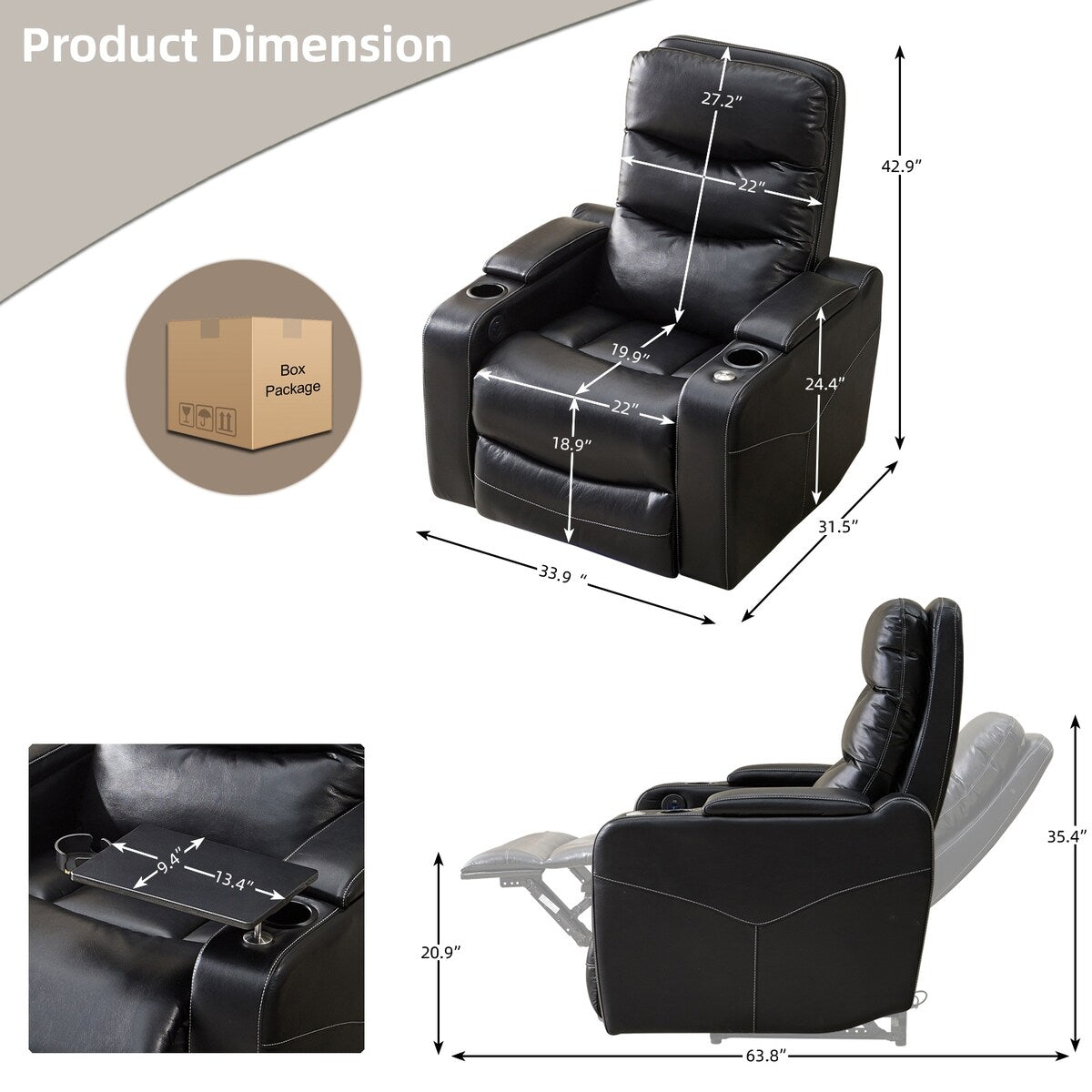 Black Technical Leather Power Reclining Chair, LED Strips, USB Ports