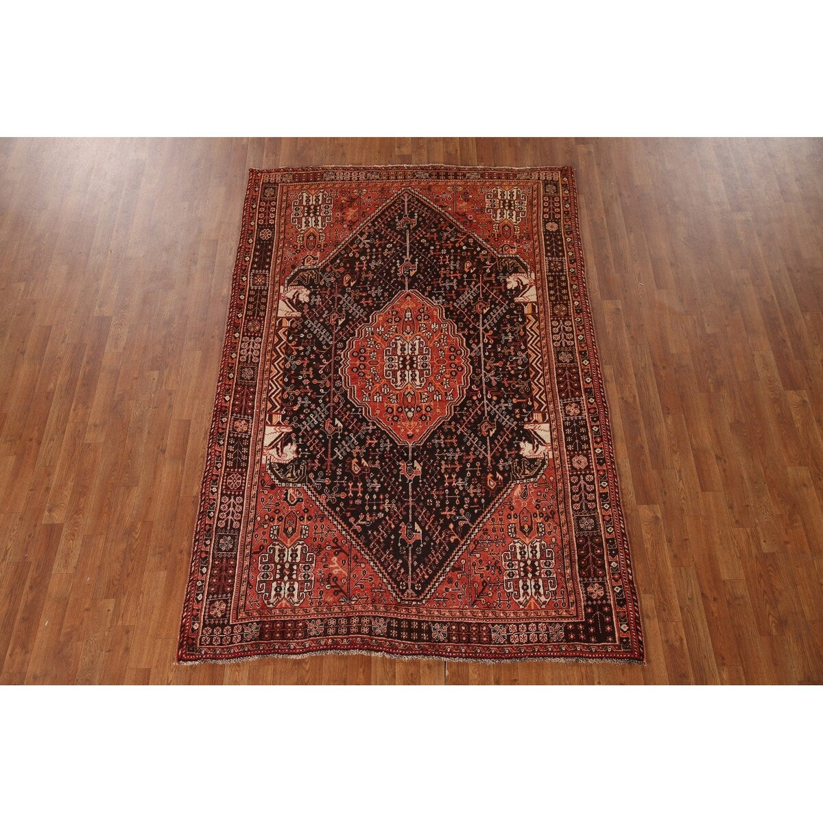 Black Tribal Shiraz Persian Vintage Area Rug Handmade Wool Carpet - 5'4"x 8'0"
