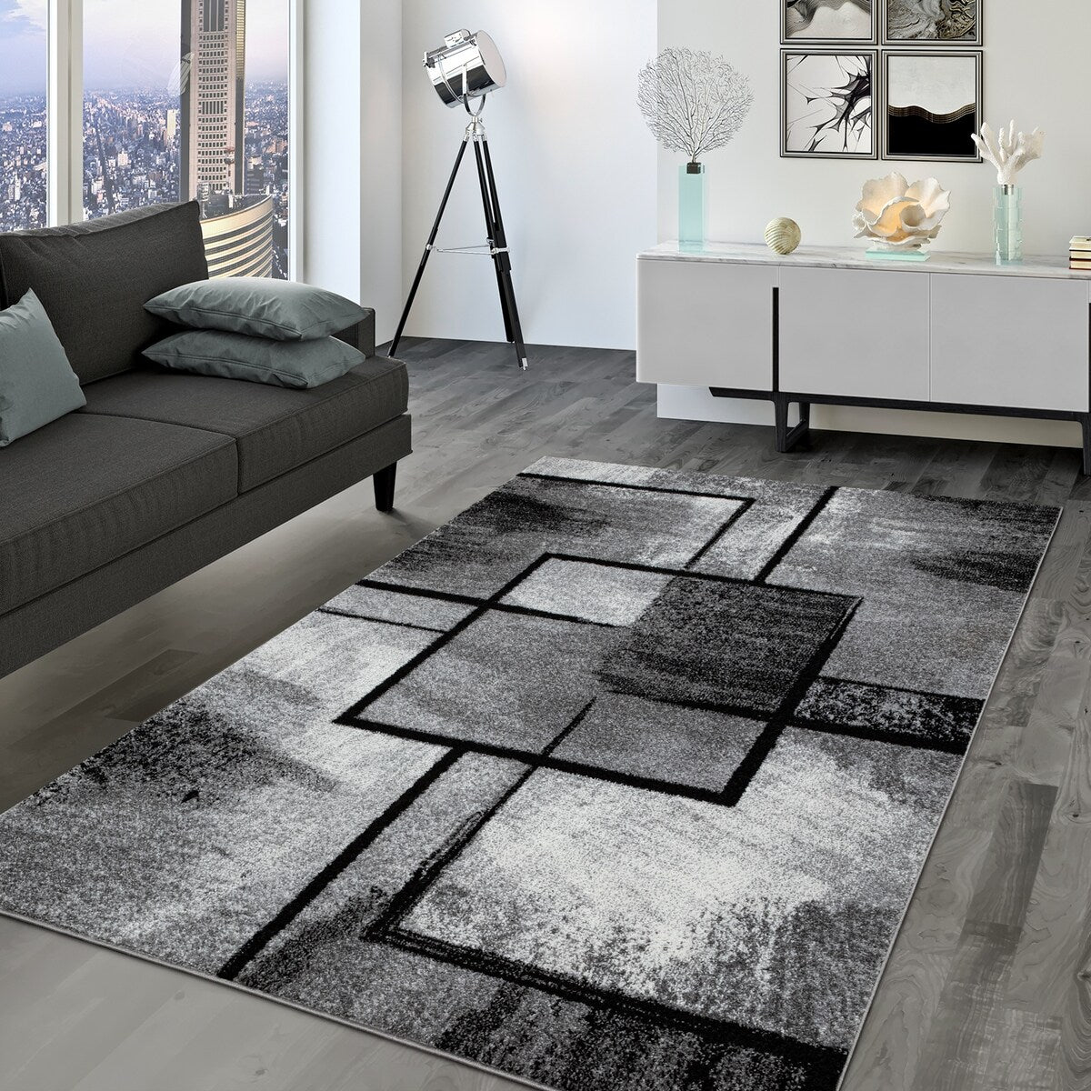 Black White Area Rug with Geometric Pattern and Modern Paint Effect