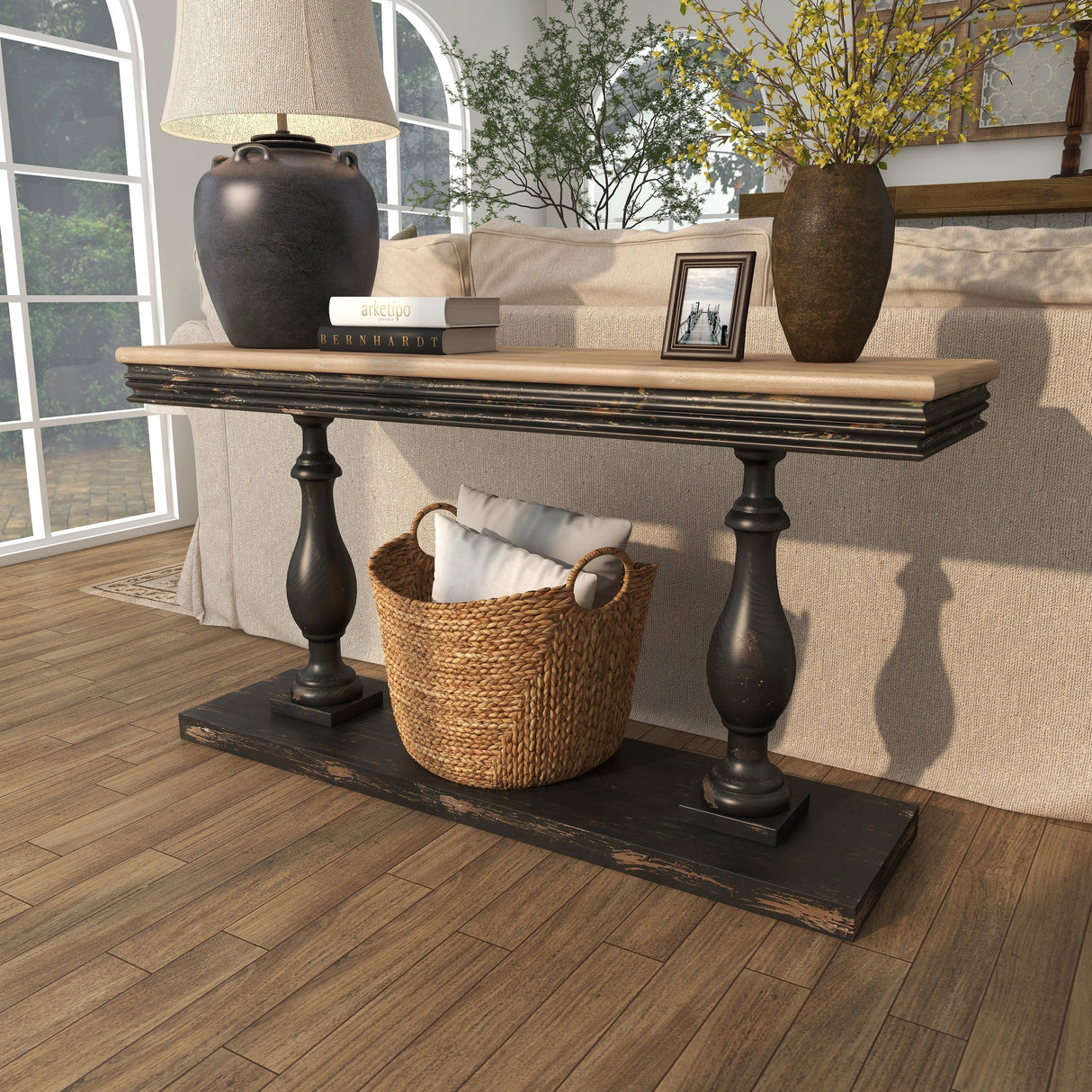 Black Wood Distressed Console Table with Brown Wood Top