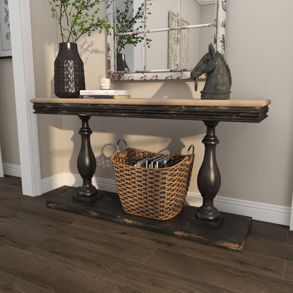 Black Wood Distressed Console Table with Brown Wood Top