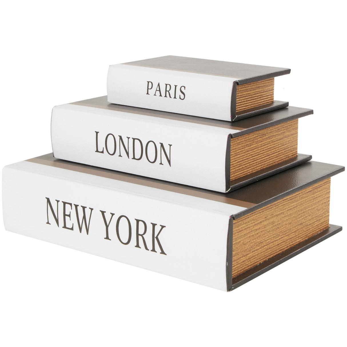 Black Wooden Paris, London, New York Storage Faux Storage Book Decorative Box with White Spine (Set of 3)