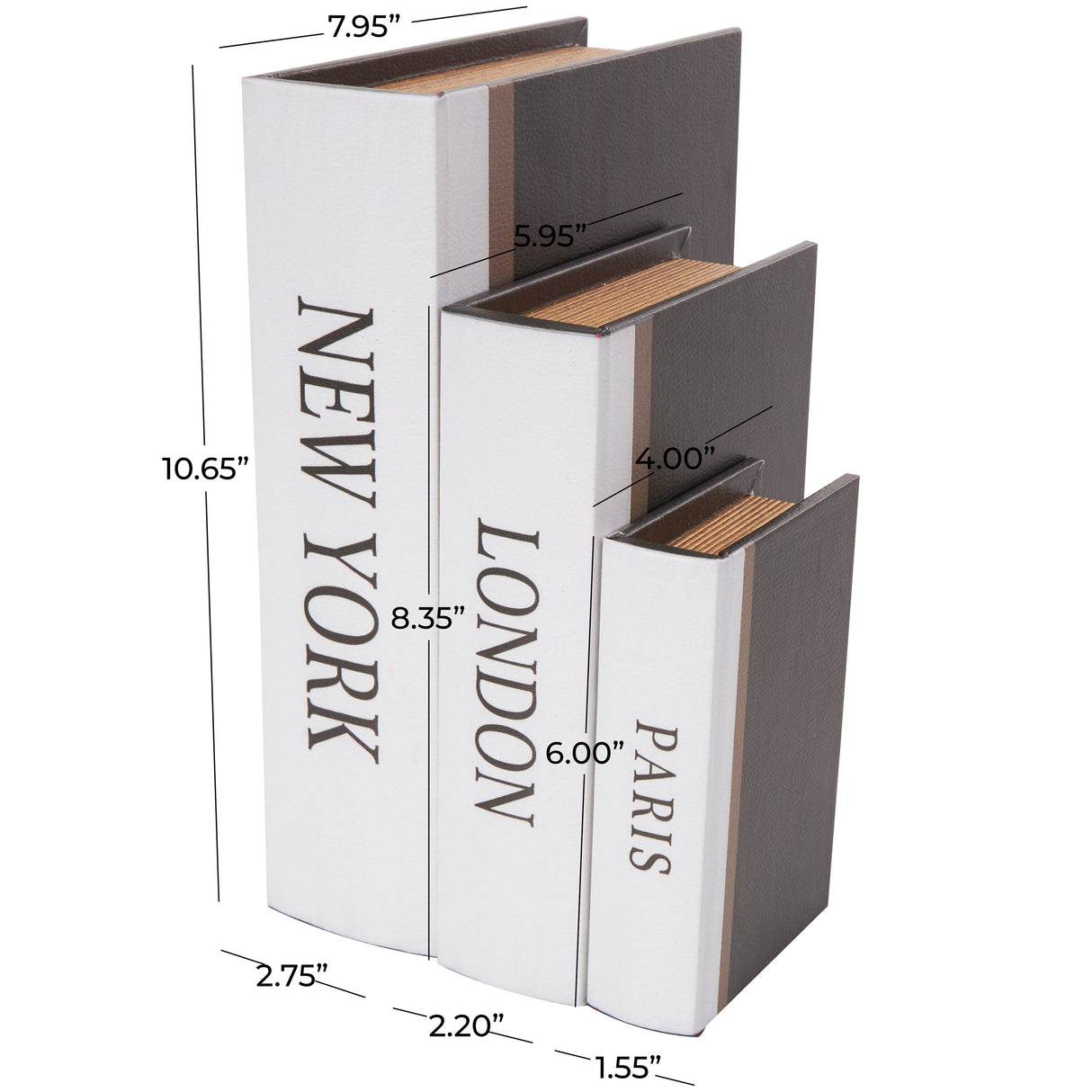 Black Wooden Paris, London, New York Storage Faux Storage Book Decorative Box with White Spine (Set of 3)