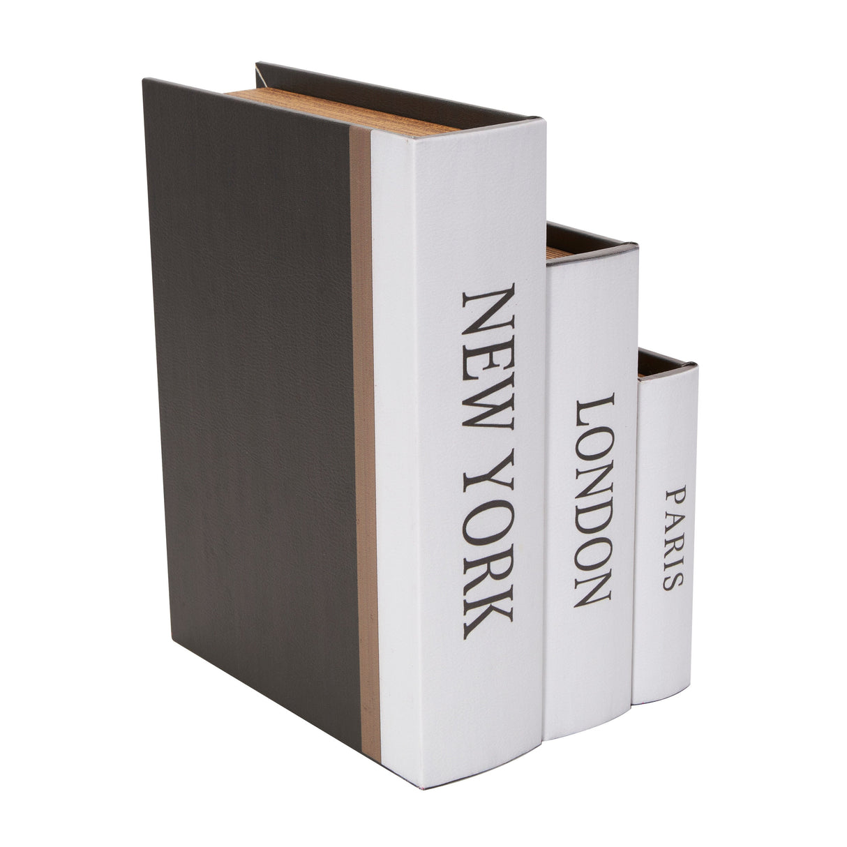 Black Wooden Paris, London, New York Storage Faux Storage Book Decorative Box with White Spine (Set of 3)
