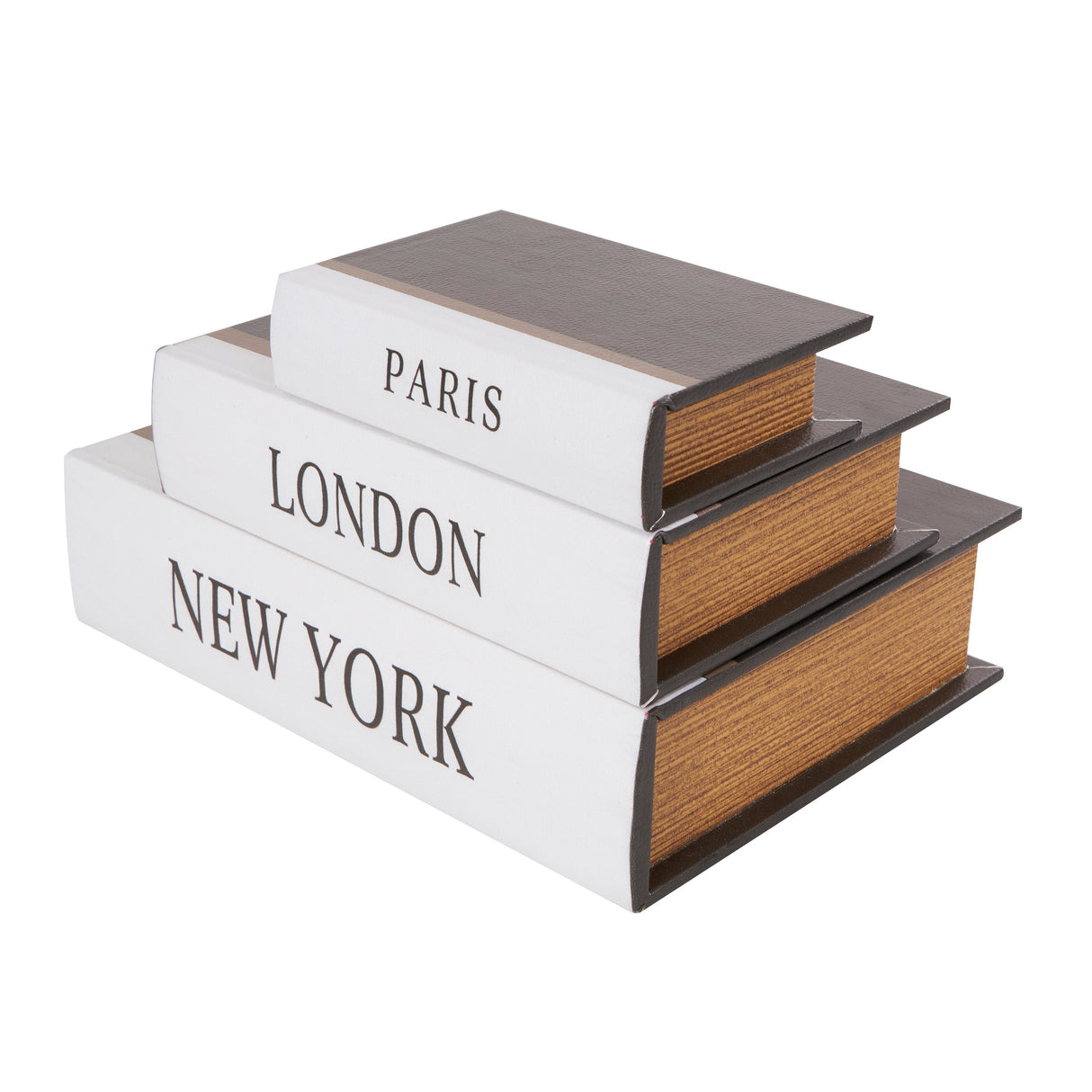 Black Wooden Paris, London, New York Storage Faux Storage Book Decorative Box with White Spine (Set of 3)