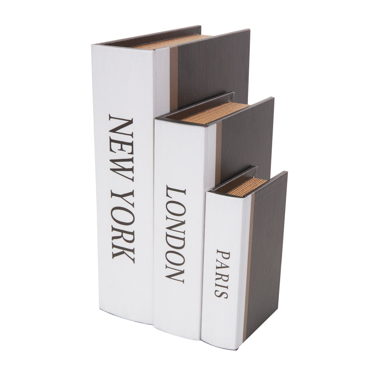 Black Wooden Paris, London, New York Storage Faux Storage Book Decorative Box with White Spine (Set of 3)
