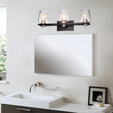 Black Wrought Iron 3-Light Modern Farmhouse Vanity Light with Seeded Glass Shade - 23.75 in. L x 6.5 in. D x 9 in H