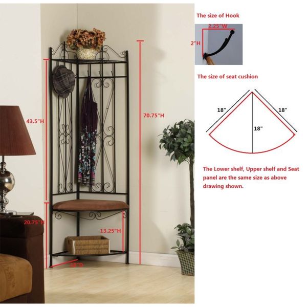 6-Hook Hall Tree Coat Rack, Corner Hallway Bench