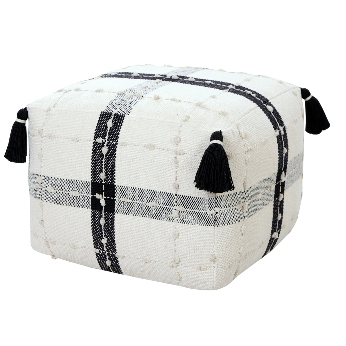 Sevita Black and Ivory Modern Textured Plaid Pouf Ottoman