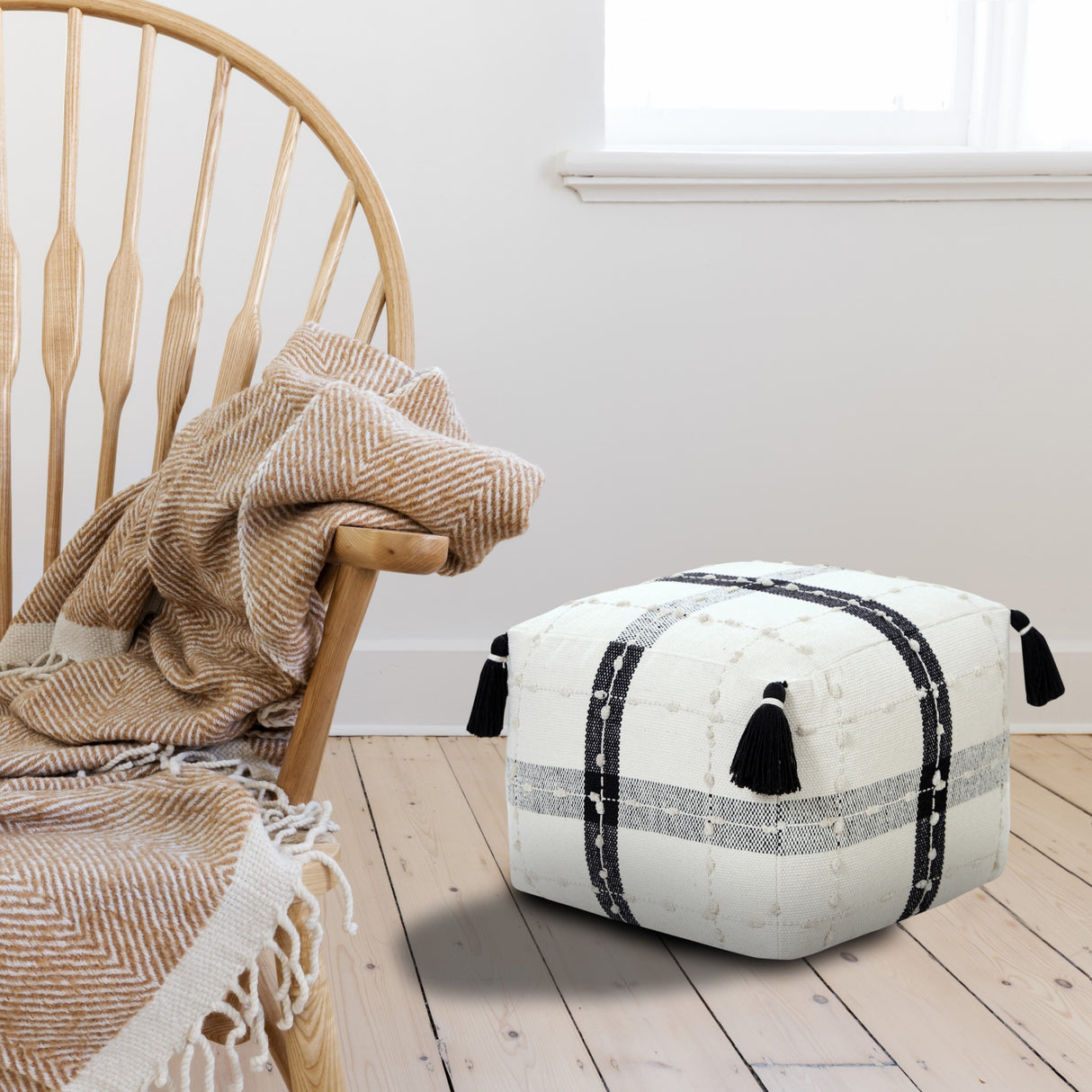 Sevita Black and Ivory Modern Textured Plaid Pouf Ottoman