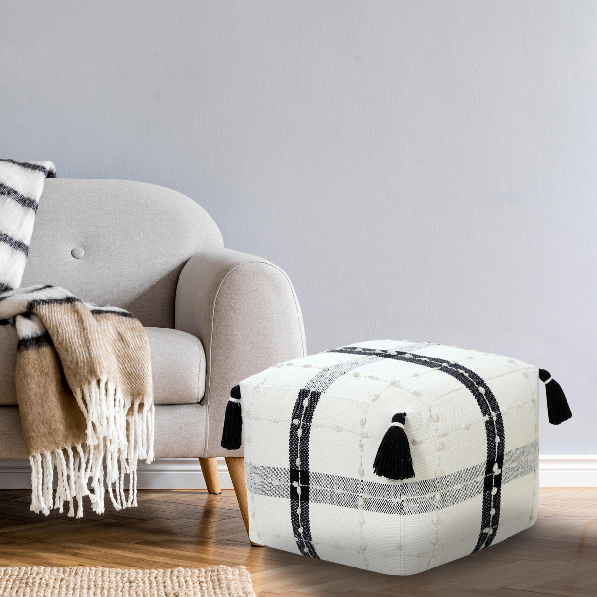 Sevita Black and Ivory Modern Textured Plaid Pouf Ottoman