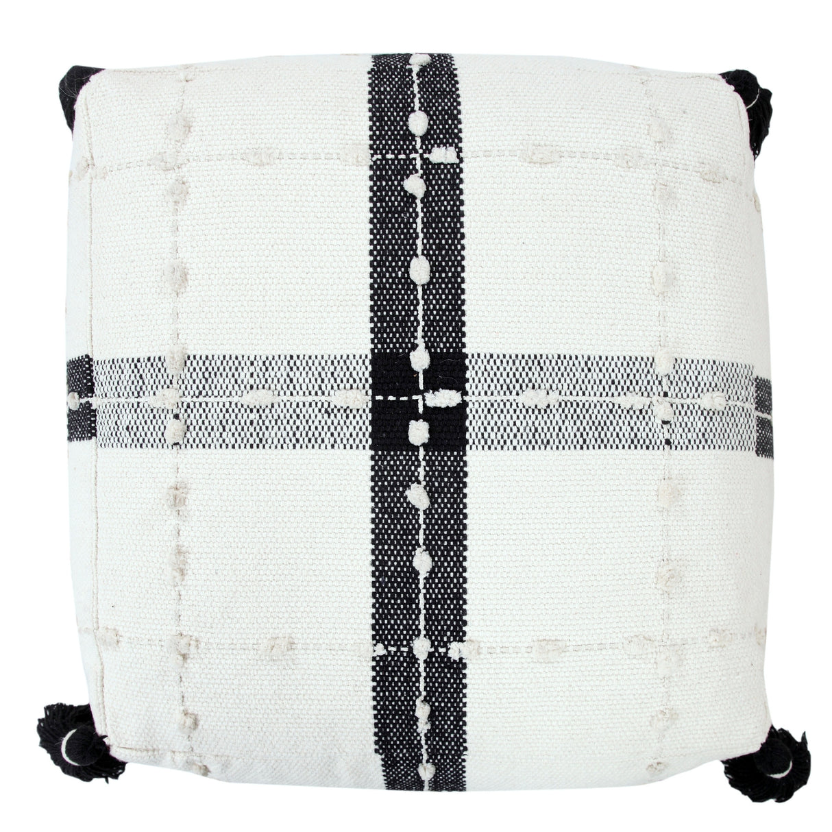Sevita Black and Ivory Modern Textured Plaid Pouf Ottoman