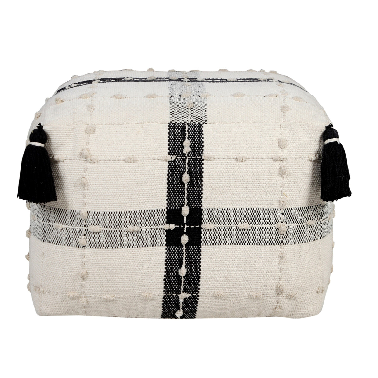 Sevita Black and Ivory Modern Textured Plaid Pouf Ottoman