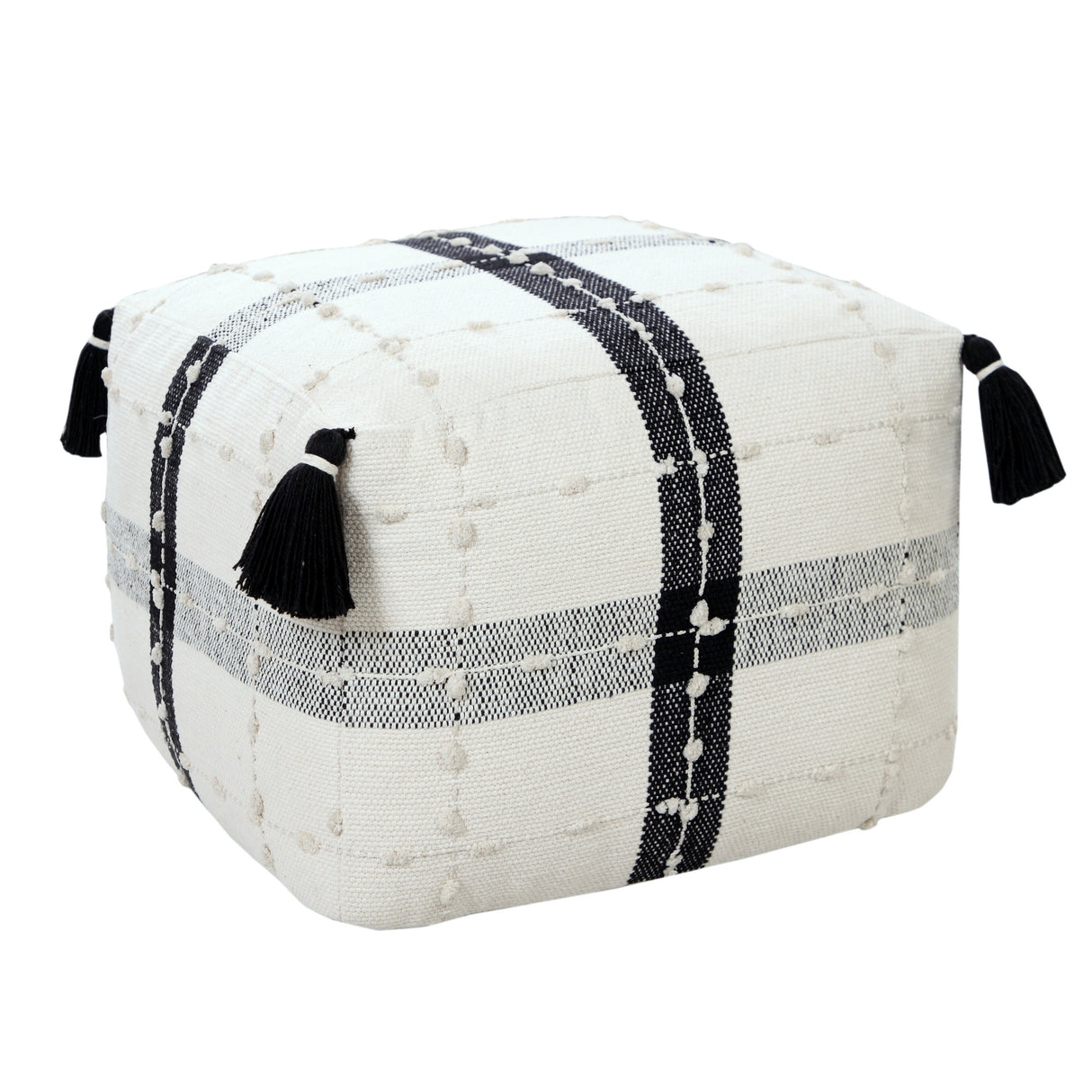 Sevita Black and Ivory Modern Textured Plaid Pouf Ottoman