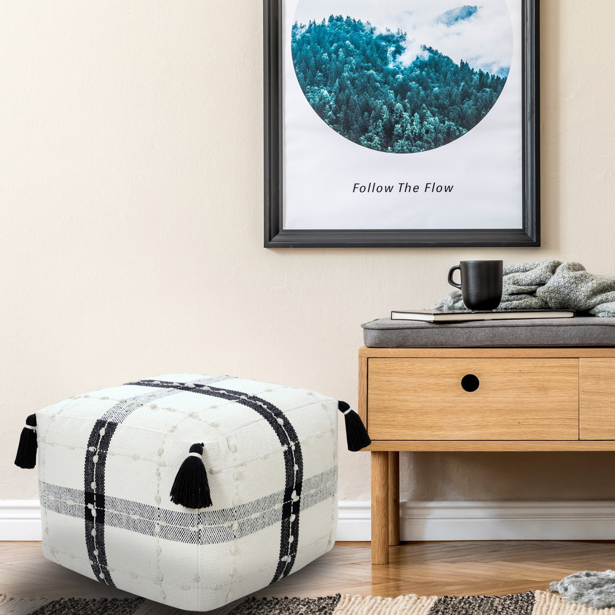 Sevita Black and Ivory Modern Textured Plaid Pouf Ottoman