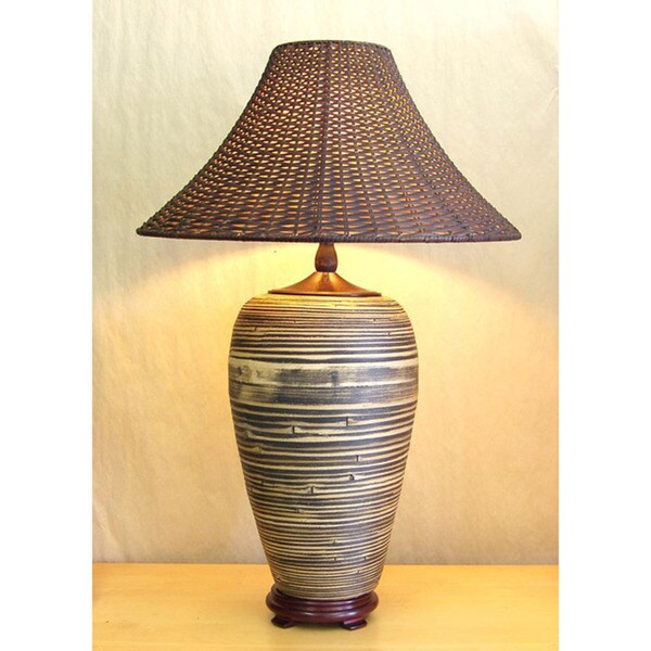 Black and Tan Dark Wicker Shade Bamboo Table Lamp